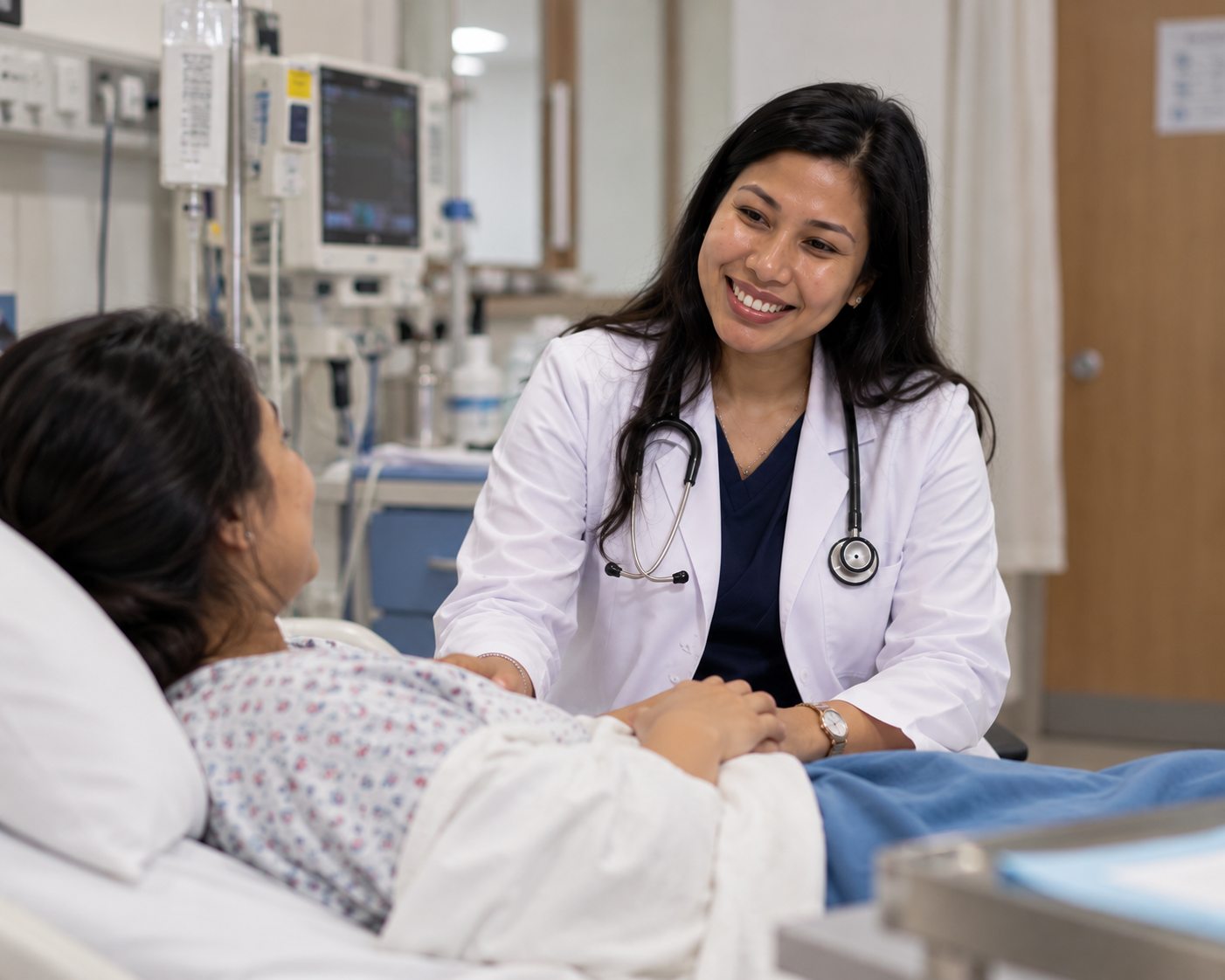 Dr. Monomika comforting a patient at the bedside in a hospital room
