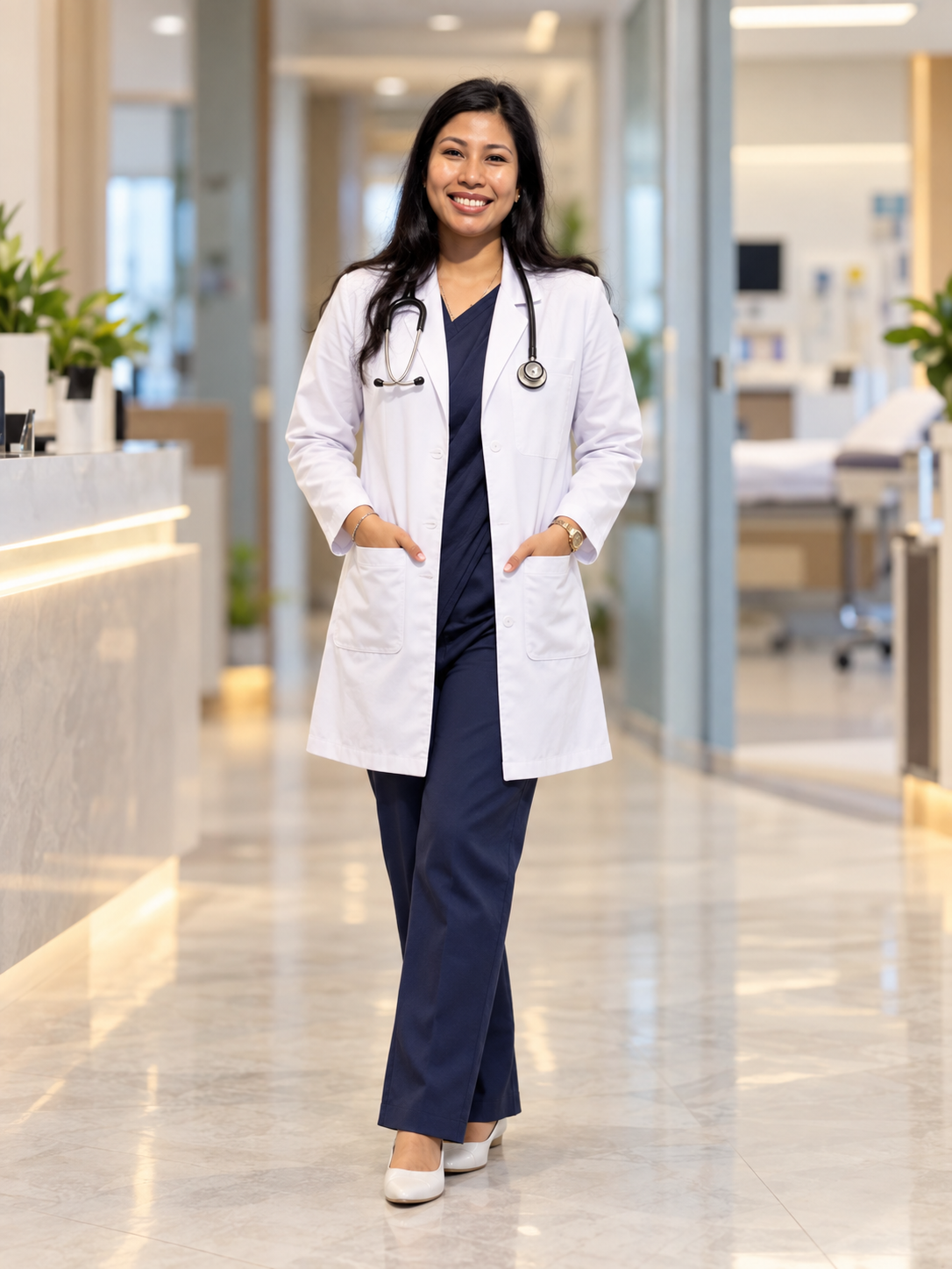 Dr. Monomika Thaosen in the clinic, in her white coat